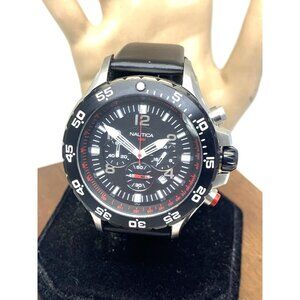 Nautica Men's Watch N17526 Quartz Chronograph Black Dial Leather Band 48mm CHIP